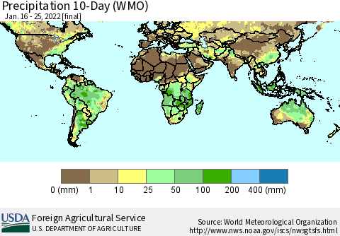 World Precipitation 10-Day (WMO) Thematic Map For 1/16/2022 - 1/25/2022