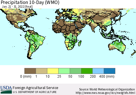World Precipitation 10-Day (WMO) Thematic Map For 1/21/2022 - 1/31/2022