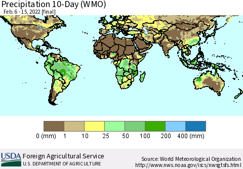 World Precipitation 10-Day (WMO) Thematic Map For 2/6/2022 - 2/15/2022