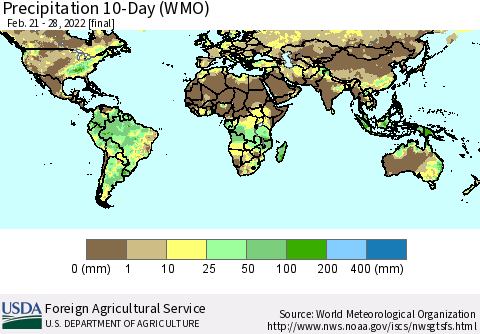 World Precipitation 10-Day (WMO) Thematic Map For 2/21/2022 - 2/28/2022