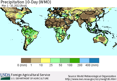 World Precipitation 10-Day (WMO) Thematic Map For 3/1/2022 - 3/10/2022