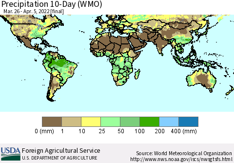 World Precipitation 10-Day (WMO) Thematic Map For 3/26/2022 - 4/5/2022