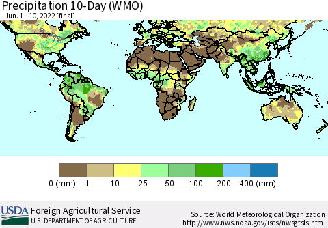 World Precipitation 10-Day (WMO) Thematic Map For 6/1/2022 - 6/10/2022