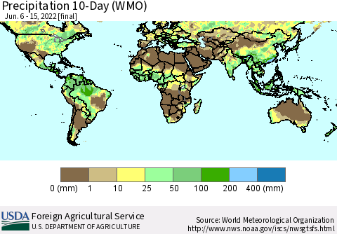 World Precipitation 10-Day (WMO) Thematic Map For 6/6/2022 - 6/15/2022