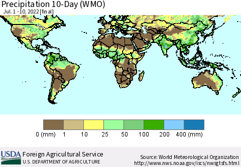 World Precipitation 10-Day (WMO) Thematic Map For 7/1/2022 - 7/10/2022