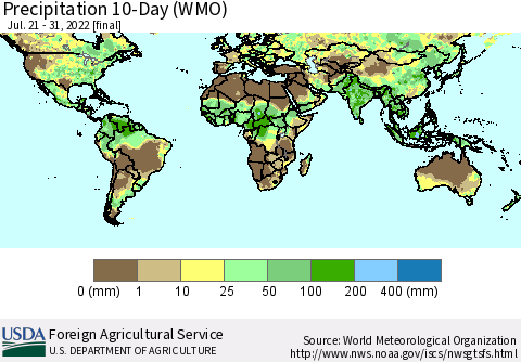 World Precipitation 10-Day (WMO) Thematic Map For 7/21/2022 - 7/31/2022