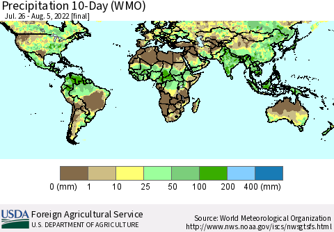 World Precipitation 10-Day (WMO) Thematic Map For 7/26/2022 - 8/5/2022