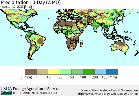 World Precipitation 10-Day (WMO) Thematic Map For 8/1/2022 - 8/10/2022