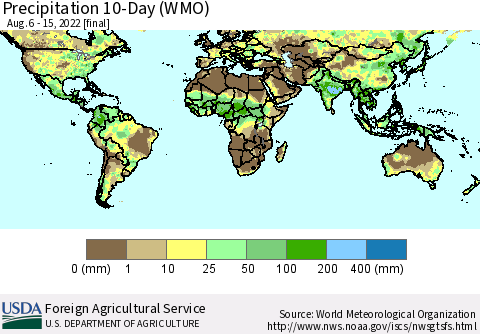 World Precipitation 10-Day (WMO) Thematic Map For 8/6/2022 - 8/15/2022