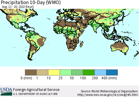 World Precipitation 10-Day (WMO) Thematic Map For 8/11/2022 - 8/20/2022