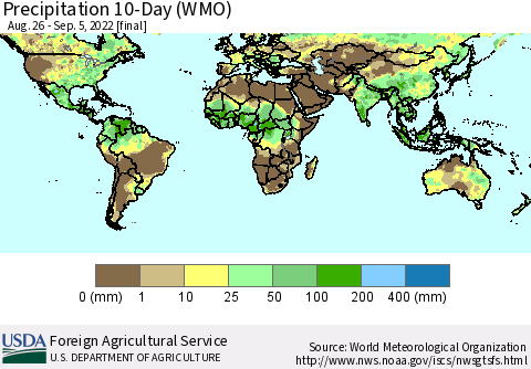 World Precipitation 10-Day (WMO) Thematic Map For 8/26/2022 - 9/5/2022