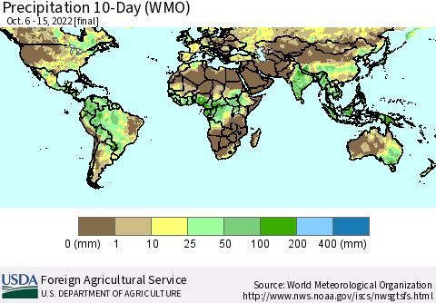World Precipitation 10-Day (WMO) Thematic Map For 10/6/2022 - 10/15/2022