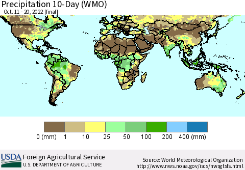 World Precipitation 10-Day (WMO) Thematic Map For 10/11/2022 - 10/20/2022