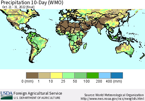 World Precipitation 10-Day (WMO) Thematic Map For 10/21/2022 - 10/31/2022