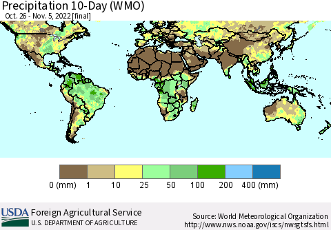 World Precipitation 10-Day (WMO) Thematic Map For 10/26/2022 - 11/5/2022