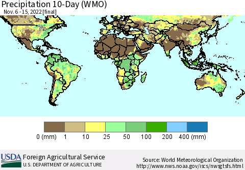 World Precipitation 10-Day (WMO) Thematic Map For 11/6/2022 - 11/15/2022