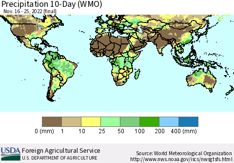 World Precipitation 10-Day (WMO) Thematic Map For 11/16/2022 - 11/25/2022