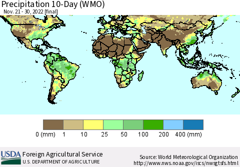 World Precipitation 10-Day (WMO) Thematic Map For 11/21/2022 - 11/30/2022