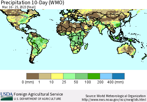 World Precipitation 10-Day (WMO) Thematic Map For 3/16/2023 - 3/25/2023