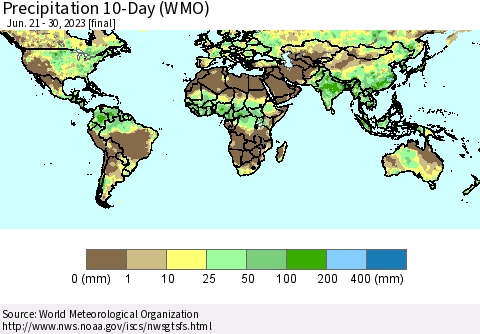 World Precipitation 10-Day (WMO) Thematic Map For 6/21/2023 - 6/30/2023
