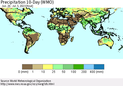 World Precipitation 10-Day (WMO) Thematic Map For 6/26/2023 - 7/5/2023