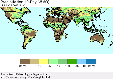 World Precipitation 10-Day (WMO) Thematic Map For 7/6/2023 - 7/15/2023