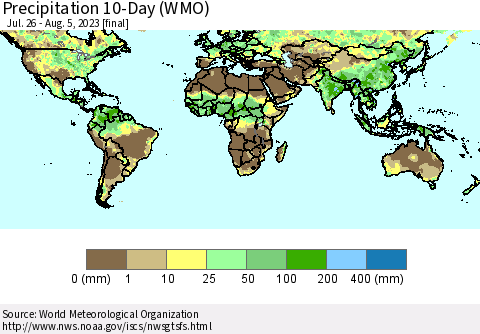World Precipitation 10-Day (WMO) Thematic Map For 7/26/2023 - 8/5/2023
