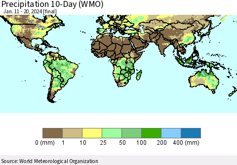 World Precipitation 10-Day (WMO) Thematic Map For 1/11/2024 - 1/20/2024