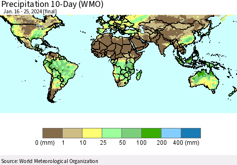 World Precipitation 10-Day (WMO) Thematic Map For 1/16/2024 - 1/25/2024