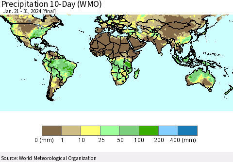 World Precipitation 10-Day (WMO) Thematic Map For 1/21/2024 - 1/31/2024