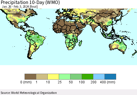 World Precipitation 10-Day (WMO) Thematic Map For 1/26/2024 - 2/5/2024