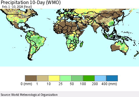 World Precipitation 10-Day (WMO) Thematic Map For 2/1/2024 - 2/10/2024