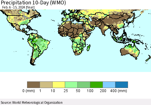World Precipitation 10-Day (WMO) Thematic Map For 2/6/2024 - 2/15/2024