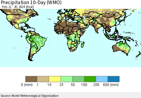 World Precipitation 10-Day (WMO) Thematic Map For 2/11/2024 - 2/20/2024