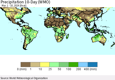 World Precipitation 10-Day (WMO) Thematic Map For 3/1/2024 - 3/10/2024