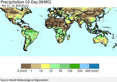 World Precipitation 10-Day (WMO) Thematic Map For 3/11/2024 - 3/20/2024