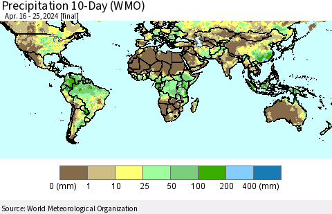 World Precipitation 10-Day (WMO) Thematic Map For 4/16/2024 - 4/25/2024