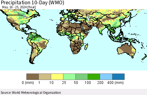 World Precipitation 10-Day (WMO) Thematic Map For 5/16/2024 - 5/25/2024