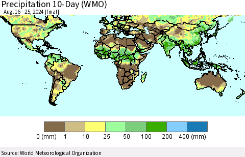World Precipitation 10-Day (WMO) Thematic Map For 8/16/2024 - 8/25/2024