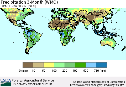 World Precipitation 3-Month (WMO) Thematic Map For 10/11/2020 - 1/10/2021