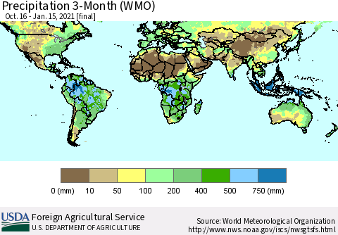 World Precipitation 3-Month (WMO) Thematic Map For 10/16/2020 - 1/15/2021