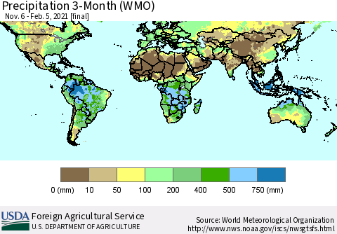 World Precipitation 3-Month (WMO) Thematic Map For 11/6/2020 - 2/5/2021