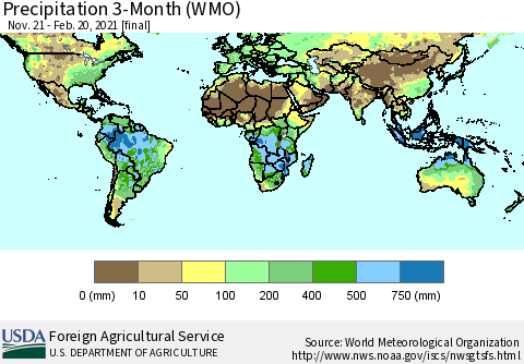 World Precipitation 3-Month (WMO) Thematic Map For 11/21/2020 - 2/20/2021