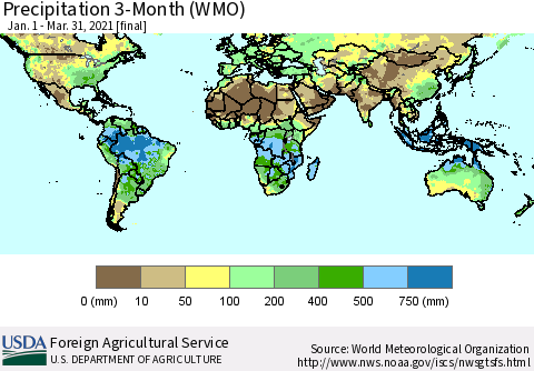 World Precipitation 3-Month (WMO) Thematic Map For 1/1/2021 - 3/31/2021