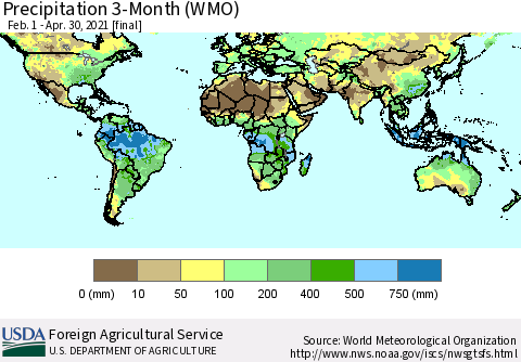 World Precipitation 3-Month (WMO) Thematic Map For 2/1/2021 - 4/30/2021