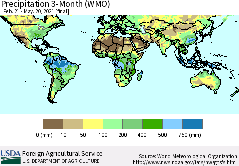 World Precipitation 3-Month (WMO) Thematic Map For 2/21/2021 - 5/20/2021