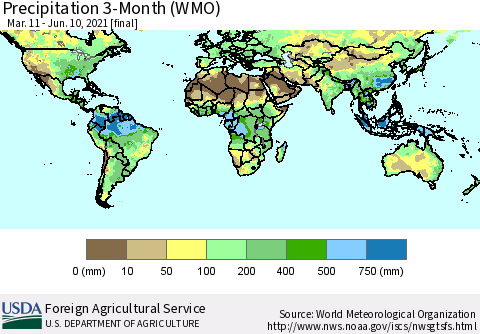 World Precipitation 3-Month (WMO) Thematic Map For 3/11/2021 - 6/10/2021