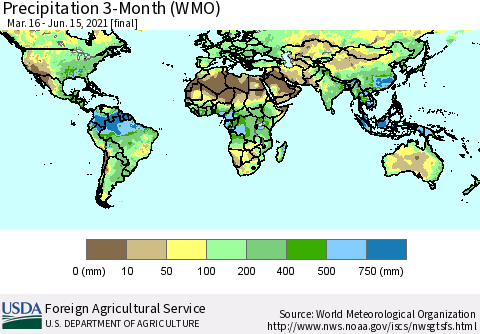 World Precipitation 3-Month (WMO) Thematic Map For 3/16/2021 - 6/15/2021