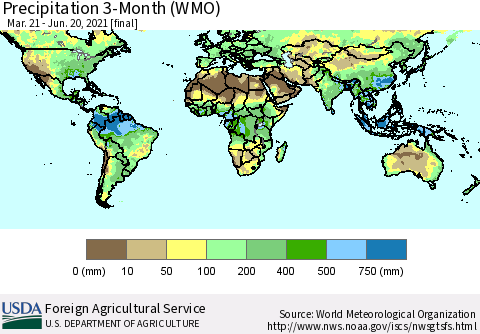 World Precipitation 3-Month (WMO) Thematic Map For 3/21/2021 - 6/20/2021
