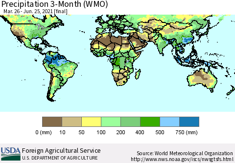 World Precipitation 3-Month (WMO) Thematic Map For 3/26/2021 - 6/25/2021